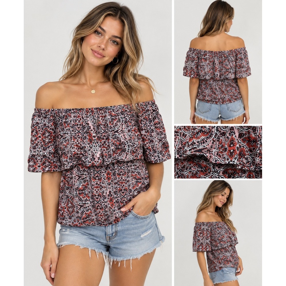 Urban X Womens Off The Shoulder Paisley Ruffle Blouson Top Red Pink Black M